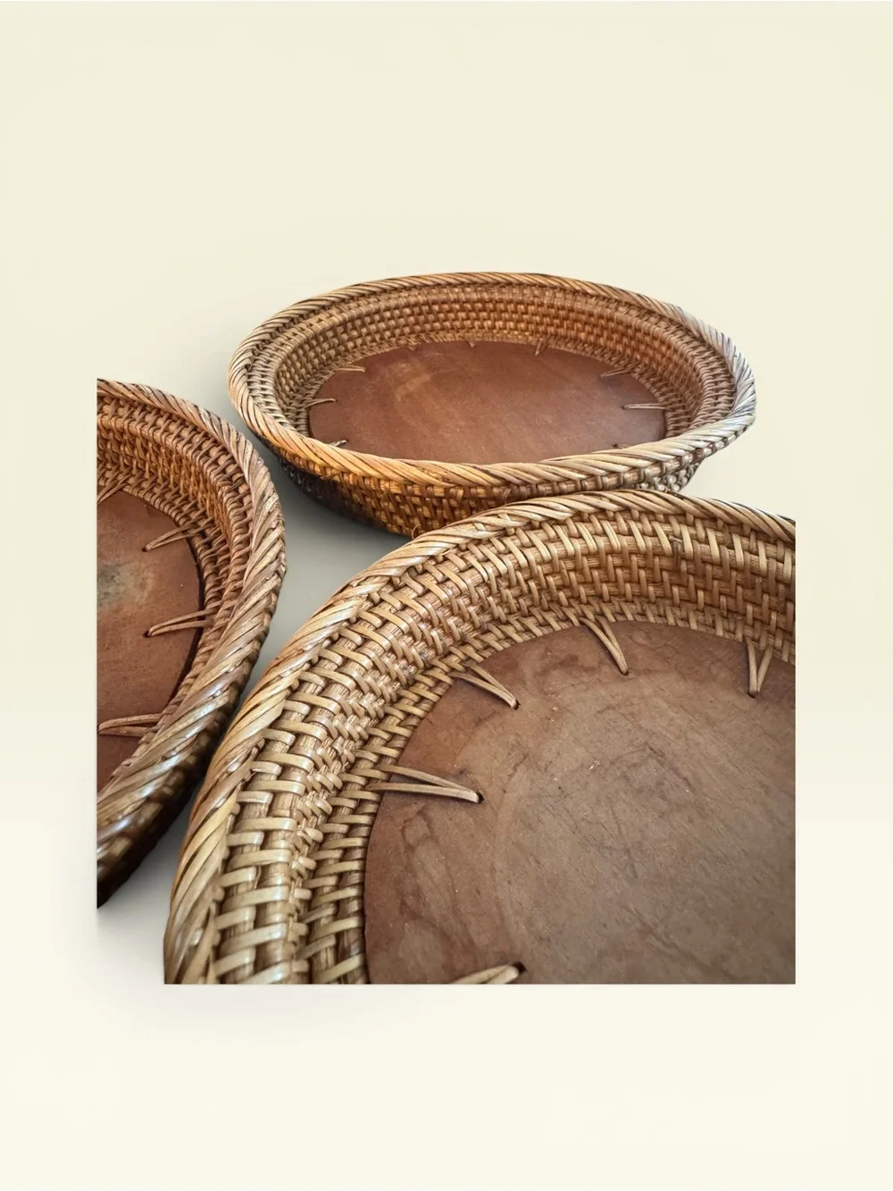 Vintage Boho Handwoven Rattan and Wood Nesting Trays Set of 3 - Unbranded